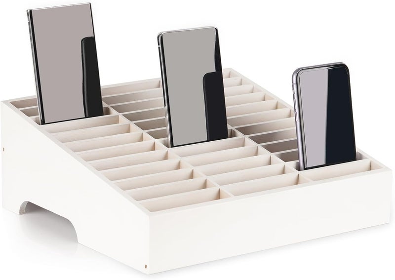 Lzttyee Wooden 36-Grid Cell Phones Storage Box Desktop Mobile Phone Holder Organizer for Office School Classroom (36-Grid White) - Image 1